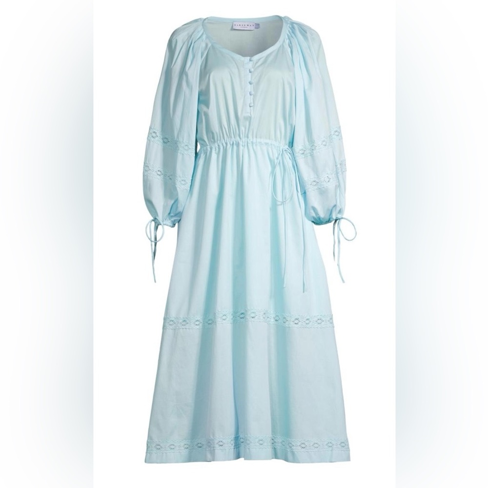 HARSHMAN Belle Blouson-sleeve Lace-trim Midi Dress In Light Blue Medium M NEW